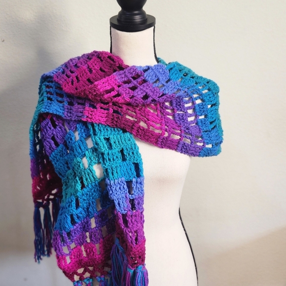Hand Knitted Vibrant Rainbow Fringed Scarf - Picture 4 of 4